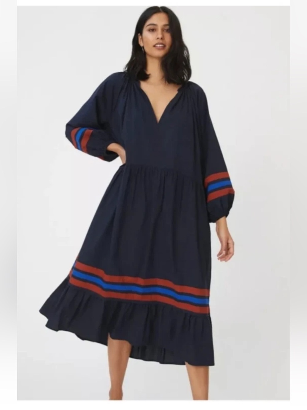 Sundry Navy Long Sleeve Midi Dress with Red and Royal Blue Stripes